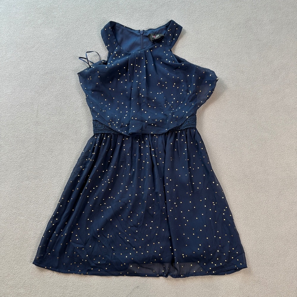 in.girl Halter Formal Dress Size 10 Navy Blue Gold Polka Dot Sleeveless Tiered